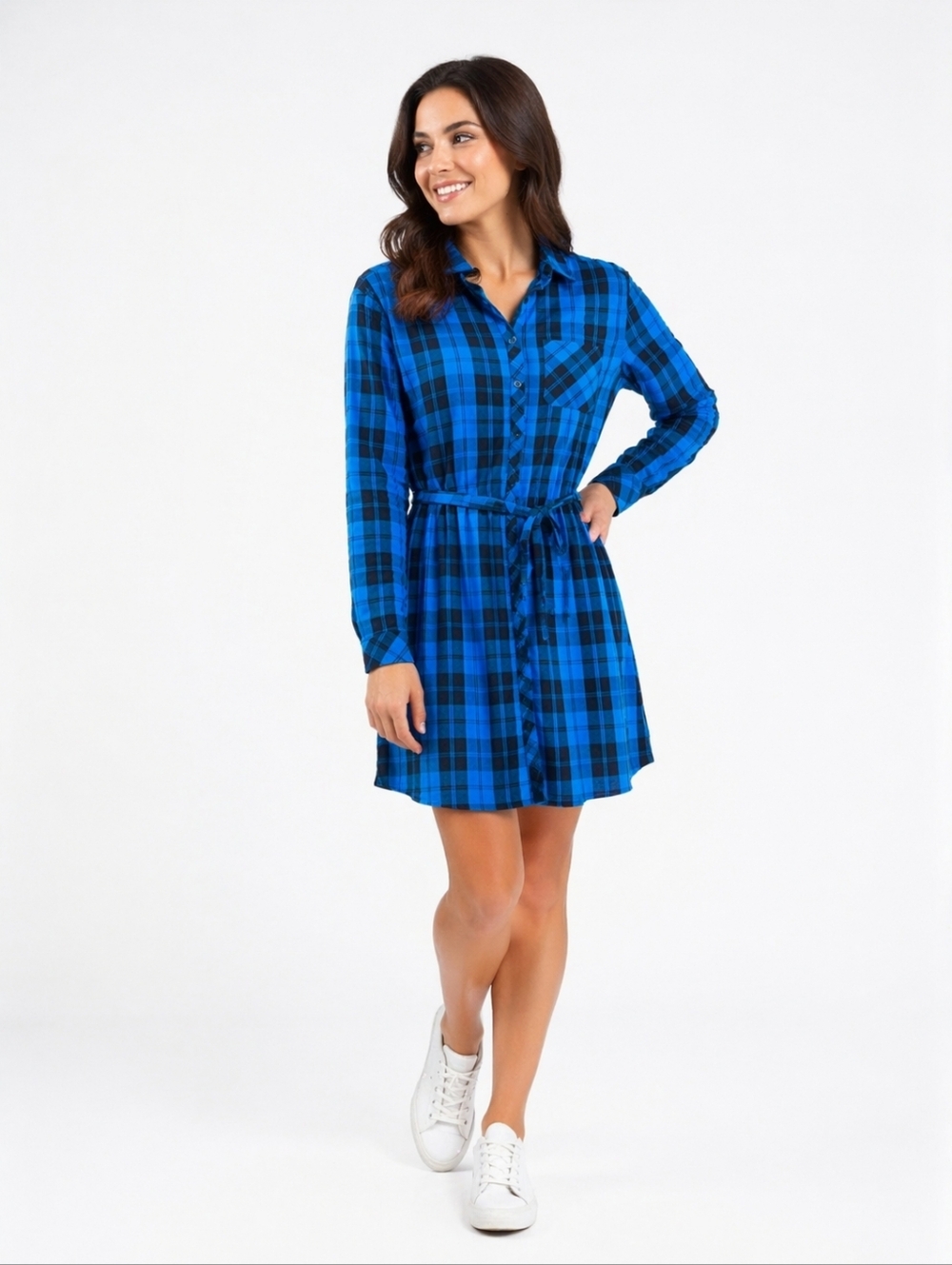 BC Clothing Blue Plaid Button-Down Belted and Pocketed Dress Size Lrg